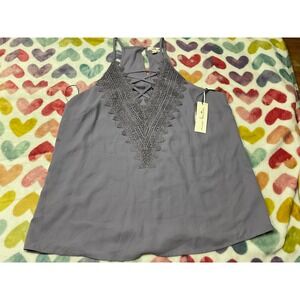Mine Britton Lace Trim Cami Tank Top Keyhole Halter Sleeveless Blouse Periwinkle
